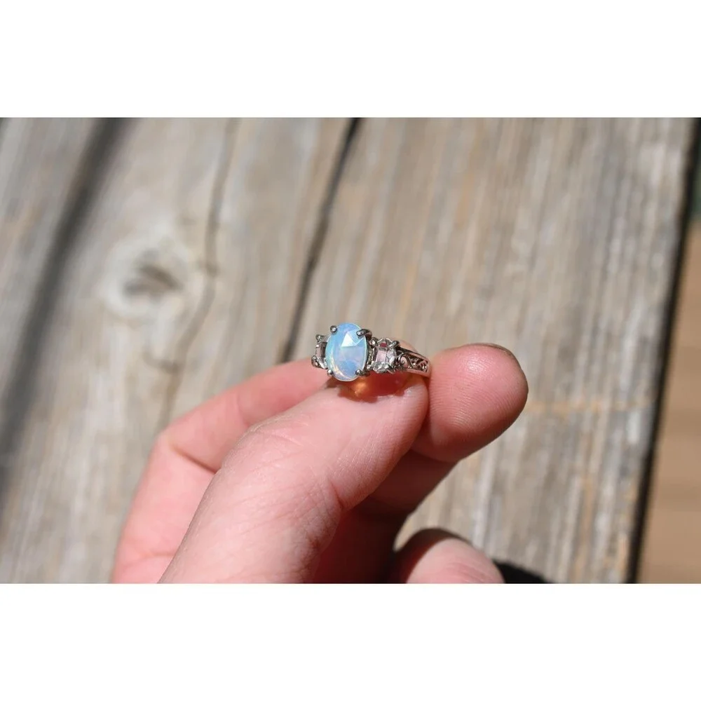 Engagement ring Opal & Herkimer diamond Ring in Sterling Silver – Unique Fire Pl
